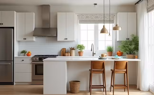 A modern, brightly lit kitchen showcasing hygiene and cleanliness. Include stainless steel appliances, quartz countertops and a recycling bin to emphasize sustainability. The kitchen should also possess a unique design element such as a vintage, mid-century modern bar stool or light fixture, to reflect the trend of nostalgia and retro design