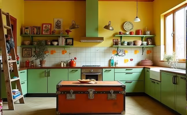 A bright, retro-styled kitchen featuring vintage tiles with colorful mosaic patterns on the backsplash, avocado green cabinets, a repurposed vintage ladder serving as a quirky bookshelf, and a centerpiece of an old steamer trunk repurposed as a stylish coffee table