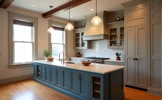 A picture of a beautiful, modern kitchen installed inside a Victorian-style house, clashing significantly with the architectural style of the rest of the home. This should highlight the importance of maintaining consistency with the home's original style during renovations