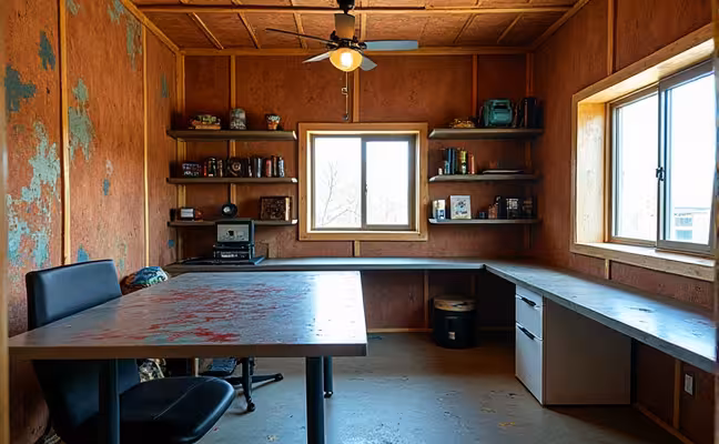 A soundproof hobby room with special insulation materials visible on the walls, a large, durable stainless steel table covered in paint splatters, and a dedicated space with a gaming console and multiple power outlets, reflecting a personal style with a color scheme that inspires creativity