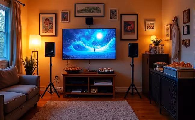 An entertainment space showing a wall-mounted sound system with speakers spread across different areas of the room. Nearby, a food station is set up with an array of snacks and appetizers. The room also features a coat rack and a cupboard for storage, with personal photos and unique artwork adorning the walls, and a dimmable floor lamp adding a soft glow to the scene