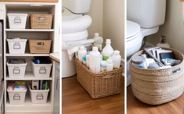 Various storage bins and baskets in different parts of a home, showing a kitchen with storage bins containing dry goods, a bathroom with baskets filled with toiletries, and a living room with a woven basket containing magazines, newspapers, and remote controls. Each container matches the room‚Äö√Ñ√¥s decor and contributes to a clutter-free environment