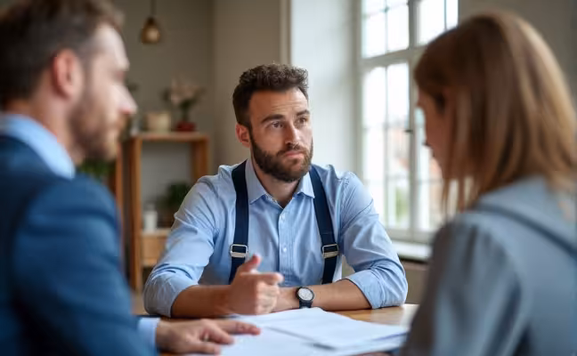 A dynamic scene of a professional mediation meeting, where a neutral third party is calmly discussing with a contractor and a homeowner. The mediator is pointing towards a document that details the renovation project, symbolizing dispute resolution