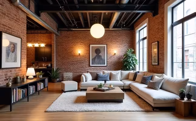 A spacious, stylish loft in Toronto with exposed brick walls and metal beams, with modern furniture and decor effectively repurposed into the room's design