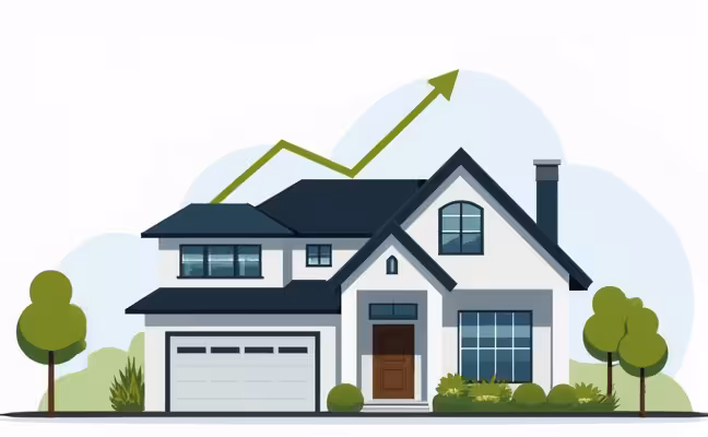 An illustration of a modern renovated house with price tag showing its market value, contrasted with a smaller tag showing the remaining mortgage balance, a line graph in the background demonstrating the growth of home equity, and icons representing HELOC and home equity loan