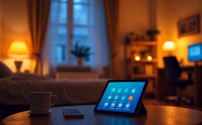 A smart home interior at night, featuring a cozy bedroom with adjustable LED lights changing from cool to warm temperature, a living room with dimmable lights creating a relaxing atmosphere, and a home office with bright, stimulating lights, all controlled from a digital tablet on a coffee table