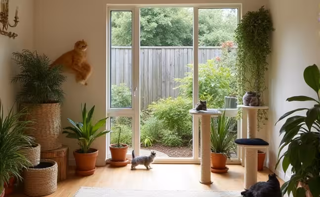 A pet-friendly room with climbing posts and scratching pads for cats, complemented by a variety of pet-safe plants, avoiding fragile decorations, with an installed pet door leading to an outside garden