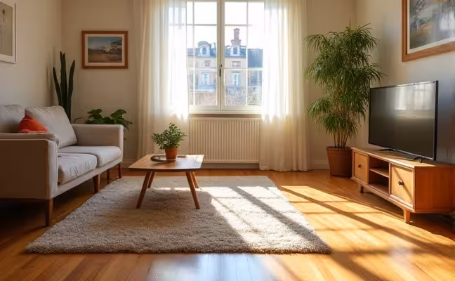 A detailed image of a sunny room with hardwood floor, adorned with a stylish area rug under a coffee table and sheer curtains on the windows, demonstrating the use of protective measures like rugs and curtains to avoid direct sunlight and prevent scratches