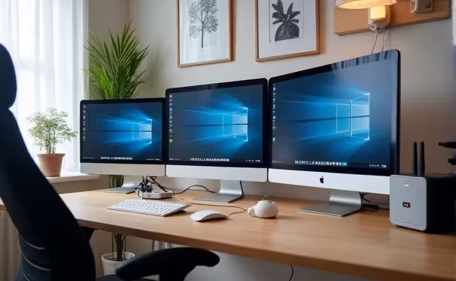 A picture showcasing the technology setup in a home office. It features a reliable computer with additional monitors on the desk, a high-speed internet router, and a modern printer. The workspace also has noise-cancelling headphones and a white noise machine. To emphasize regular maintenance, the image should depict a clean and sanitized office environment