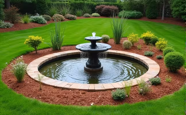 A serene backyard featuring a water feature, like a fountain or a pond, surrounded by mulched garden beds and a well-maintained lawn. The image should capture the tranquility of the water feature serving as a focal point, with the surrounding elements like the vibrant lawn, mulch, and plants adding to the overall serene and tidy appearance of the yard