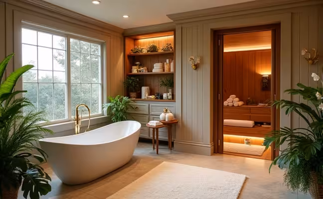 A lavish bathroom with a home sauna in one corner, steam gently wafting out. Nearby, a custom storage solution – a recessed cabinet – is filled with plush robes, fluffy towels, and a variety of bath salts, scrubs, and oils. An essential oil diffuser releases a calming scent, and the room is dotted with humidity-loving plants like ferns and orchids