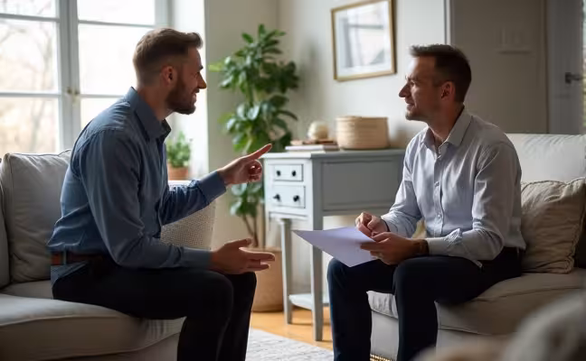 A dispute scene where a homeowner in a renovated living room is discussing with a professional appraiser. The homeowner is pointing towards a list of improvements, trying to convince the appraiser about the increased value due to the renovations, while the appraiser listens attentively with the initial appraisal report in his hands