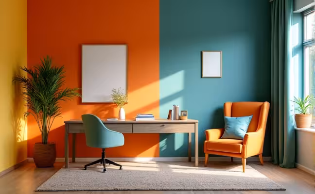 A picture portraying a vibrant, brightly colored home office reflecting an extroverted personality, situated next to a serene reading nook decorated in muted, calming tones, representing an introverted personality