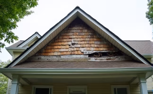 A residential house with a noticeably sagging roof, indicating structural issues. The roof's middle section is visibly drooping, with a depressed, curved line replacing what should be a straight roofline. Beneath the roof, noticeable signs of water damage, such as dark stains or mold, hint at frequent leaks