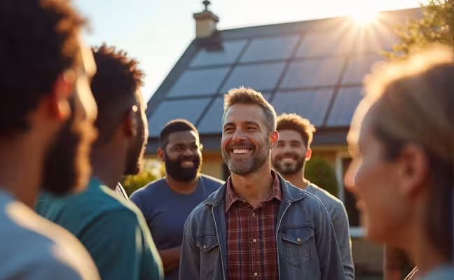 A compelling scene of a group of diverse neighbors gathered around a solar-powered home, looking intrigued and inspired, with the homeowner proudly explaining the benefits of solar energy and pointing towards the solar panels on his roof
