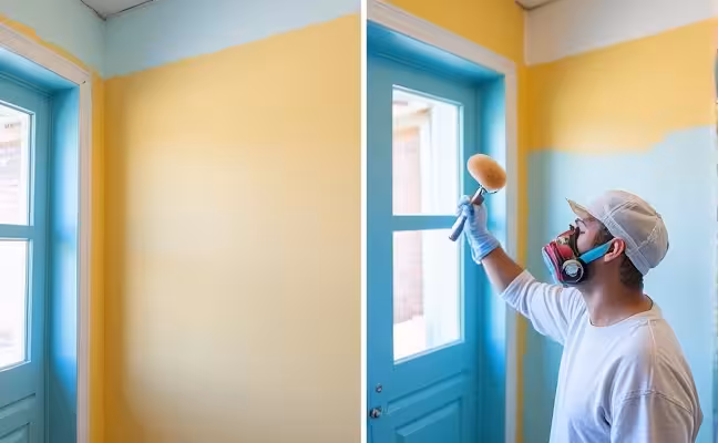 A step-by-step sequence image showing the painting technique from top to bottom with a roller on a large wall and a brush around windows and doors, a second image showing the application of a second coat of paint after the first has dried, and a third image of a person wearing gloves and a respirator, carefully doing final touch-ups on the wall