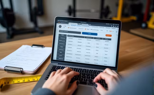 A person using a laptop to research and compare prices of gym equipment, with a budget plan visible on a notepad nearby, a tape measure indicating the assessment of room dimensions, and in the background, a garage being measured for a potential gym conversion