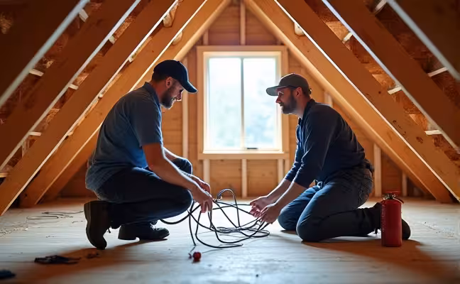 A photo of a professional electrician and plumber at work in the attic, installing electrical and plumbing lines as per local codes. The image should also display safety measures like smoke detectors and a fire extinguisher installed in the attic, and potentially a visible emergency exit to emphasize safety considerations during the renovation