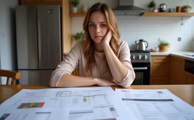 A depiction of a home owner in Toronto, sitting at a kitchen table overflowing with renovation plans, budget spreadsheets, and contractor quotations, with a concerned expression as she navigates unexpected issues popping up from the documents, illustrative of the challenges and planning required in home renovation projects