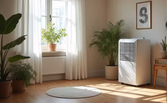 An image of a well-ventilated, clean, and dry home interior with a dehumidifier in the corner: The image should portray a safe and healthy living environment, showcasing measures taken to prevent mold growth