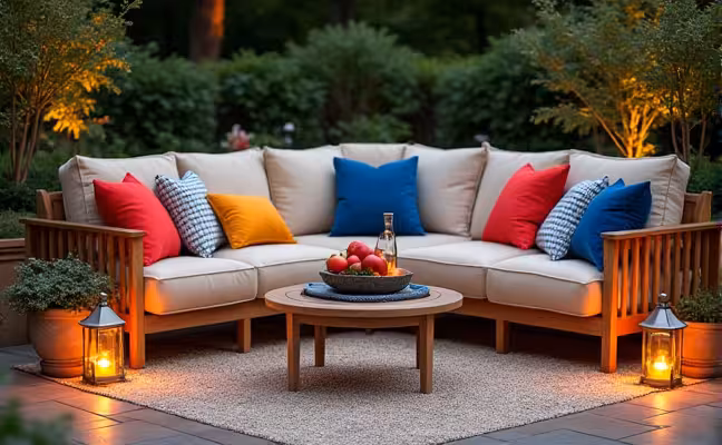 A detailed view of an outdoor living space highlighting the use of soft furnishings and lighting, showcasing colorful weather-resistant throw pillows and blankets, an outdoor rug, path lights ensuring safety, and whimsical lanterns adding a warm glow