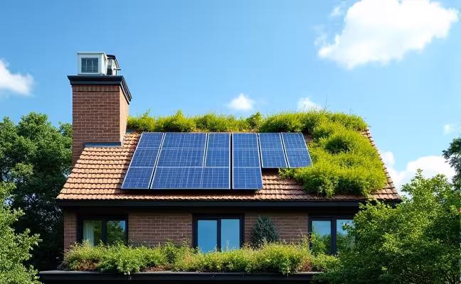 A Toronto home's rooftop featuring solar panels absorbing sunlight, a visible HVAC system, and a portion of the roof covered with lush green plants, illustrating a green roof, with a clear blue sky in the background