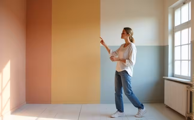 An image of a professional interior decorator in a room with walls painted in a combination of different finishes. The decorator is pointing towards the walls, illustrating the concept of experimenting with paint finishes, and demonstrating how different finishes can be used in the same room for interesting effects