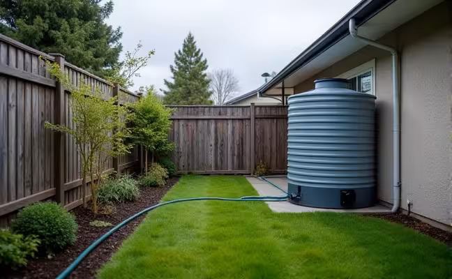 A rainwater harvesting system installed in a suburban backyard, with a large storage tank, gutters directing rainwater into the tank, and a connected hose for use. The sky should be cloudy, suggesting recent or impending rain, emphasizing the practicality of the system