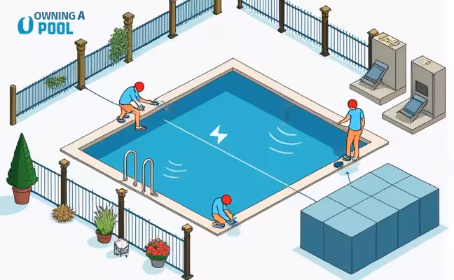 A detailed image showcasing downside aspects of owning a pool, such as a person performing maintenance tasks like cleaning and checking chemical balance, high utility bills represented by electricity and water symbols, safety measures like pool fences and covers, and a portion of the backyard left unused during a cold season, indicating the limited usage and space consumption