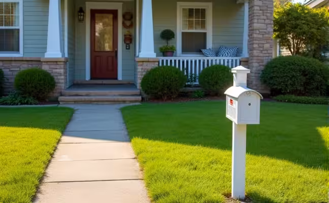 A neatly maintained front yard of a house with trimmed lawn and an empty mailbox, a neighbor is seen collecting newspapers from the front porch, suggesting the appearance of an inhabited home while the owners are away