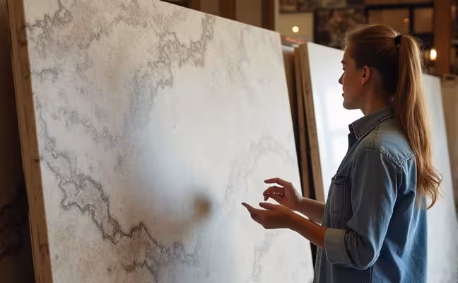 An image of a homeowner viewing a large slab of natural stone in a countertop showroom. The slab has variations in color and patterns, and the homeowner has a small sample in hand, comparing it to the full slab. The showroom should have other countertop options visible in the background, including granite, quartz, and recycled glass countertops