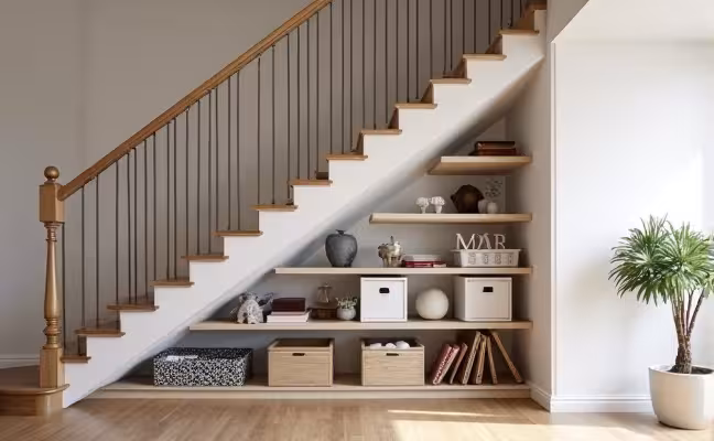 An image of a staircase with built-in drawers in the steps and shelves under the stairs, filled with items like books, toys, and decorative pieces. The design should be sleek and innovative, showcasing the under-stairs area as a practical storage solution