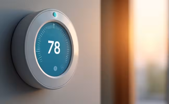 An image of a modern, programmable thermostat installed on a wall, displaying a customizable schedule that adjusts the temperature according to the homeowner's routine. The background should subtly suggest different times of day ‚Äö√Ñ√¨ morning, afternoon, evening ‚Äö√Ñ√¨ to illustrate the thermostat's adaptability