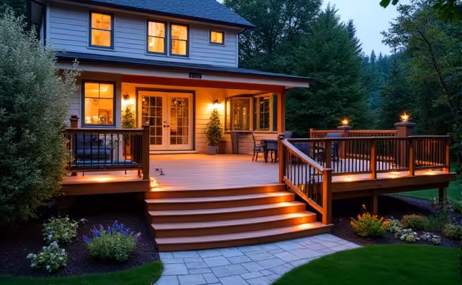 A beautifully finished backyard deck at dusk, complete with railings and stairs, surrounded by a landscaped garden with blooming flowers and shrubs. The deck should be lit up with subtle outdoor lighting, showcasing a mix of sealed wooden and composite surfaces, with a pathway leading towards it from the house