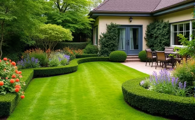 A picturesque view of a well-manicured garden, featuring a lush green lawn, trimmed hedges, a variety of colorful flowers in bloom, and a small patio with a charming water feature, enhancing the home's curb appeal