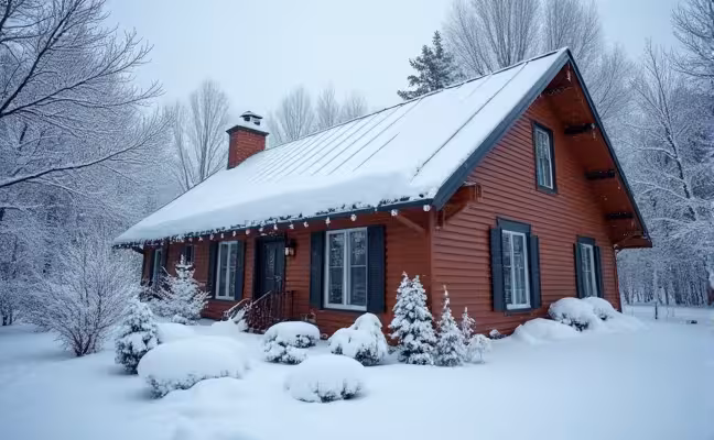 An image of a house with a metal roof, having snow sliding off of it, with no signs of ice dams. The metal roof should appear glossy and cold, and the surrounding environment should be snowy, emphasizing the effectiveness of the metal roof in preventing ice dam formation