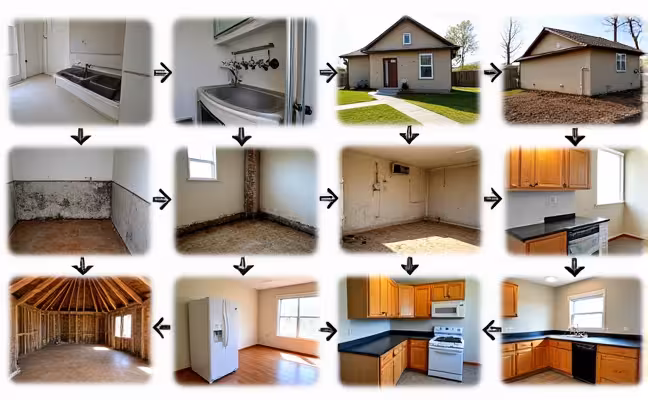 A series of images showing before and after scenarios of common home inspection problems and their solutions: a slow draining sink then a perfectly functioning one, an outdated electrical system then a modern, safe one, a roof with missing shingles then a fully repaired roof, a cracked foundation then a repaired one, an old HVAC system then a new one, a poorly-insulated attic then a well-insulated one, a room with visible mold then a clean, mold-free room, wooden structures with termite damage then a pest-free home, a room with water-stained walls then a room with pristine walls, and an outdated kitchen appliance then a modern, energy-efficient one