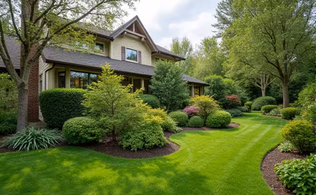 A panoramic image of a well-maintained garden adjacent to a home, showing trimmed trees and shrubs, with a few fallen branches on the ground, demonstrating the preventive measures taken against potential severe weather damage