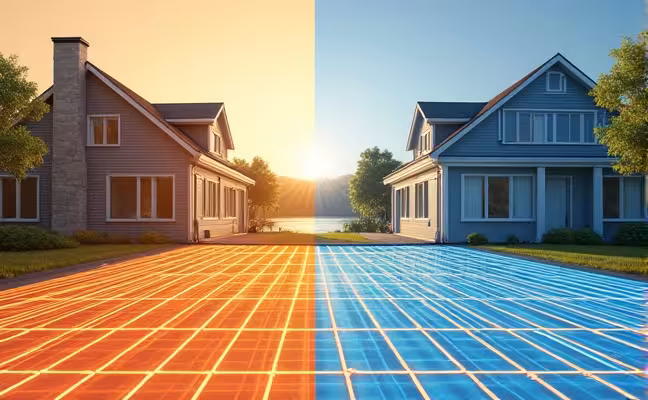 A split-screen image comparing two homes, one with a traditional forced-air heating system and one with radiant floor heating, showcasing the difference in indoor air quality, energy consumption, and resale value, with a focus on the eco-friendly nature of radiant floor heating