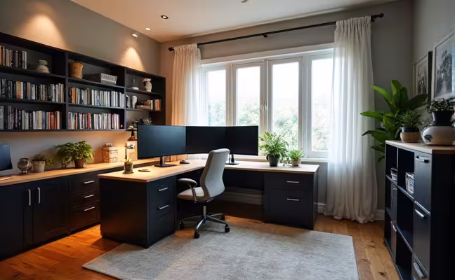 A wide-angle view of a well-ventilated home office with a dual monitor setup. The office is located in a separate room and features an open window for fresh air. The room is well-lit with an overhead light and a task lamp on the desk. The workspace is kept tidy with multiple storage solutions like a large bookshelf and a filing cabinet, promoting a clutter-free environment