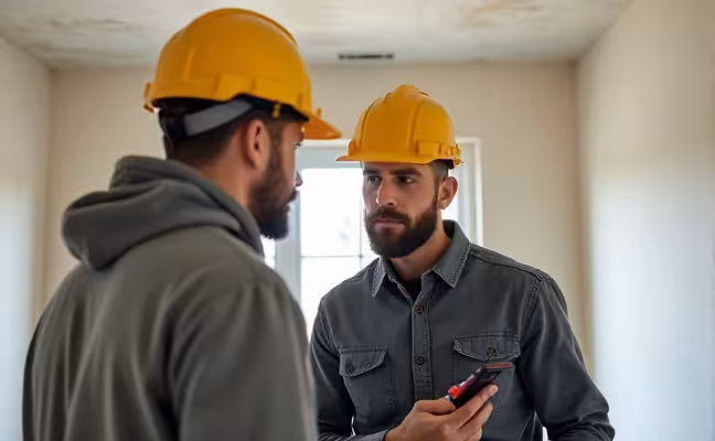 A potential homebuyer and a home inspector scrutinizing a room in a house, focusing on the quality of workmanship in the house's repairs, showcasing the importance of professional repairs for maintaining resale value