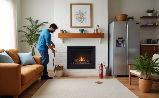 An image of a well-organized, clean, and decluttered living space. It should also show some aspects of appliance maintenance, such as a person cleaning refrigerator coils or emptying a dryer vent. Near the fireplace, a chimney sweep tool is visible, indicating recent cleaning. A first aid kit and a fire extinguisher are visible in their designated spots, symbolizing well-maintained safety equipment. Signs of pest control efforts, like a sealed container of food, should be subtly included