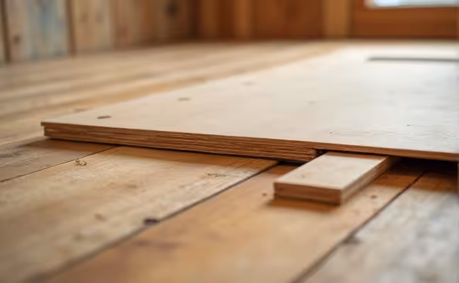 A close-up view of a wooden floor being levelled using plywood and shims, with a detailed focus on the cutting of the plywood, its placement on the uneven area, and the securing of the material in place to achieve a levelled floor