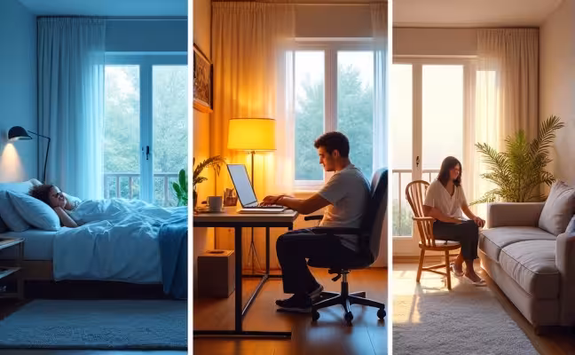 A composite image showing three different scenarios - A cool, fresh, and oxygen-rich bedroom with a person sleeping peacefully, indicating improved sleep quality; a home office setup with a person concentrating on their work, representing enhanced concentration and productivity; and a living room with energy-efficient heating and cooling systems, with visible air flow and a person relaxing, symbolizing energy efficiency and enhanced comfort