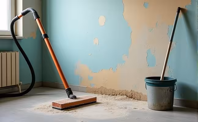 A comprehensive scene showing the post-removal cleaning process, with a HEPA vacuum cleaning up dust and debris, and a mop with a bucket containing a lead-specific cleaner next to a freshly stripped wall
