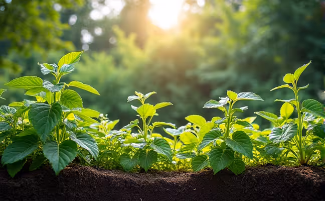 An overcrowded garden with plants competing for space, water, and nutrients, contrasted with a well-planned garden where plants are spaced out according to their mature size, with a clear view of the soil, light, and water conditions they need, illustrating the necessity of proper plant spacing and understanding their maintenance needs