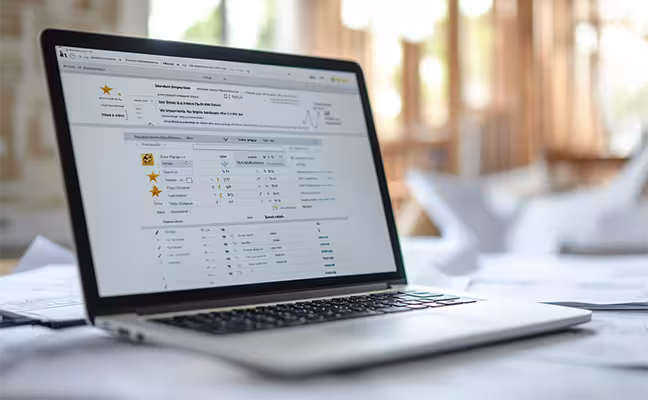 A close-up of a laptop screen displaying a review website, where a homeowner is researching potential contractors. The screen shows a list of contractors, each with star ratings, customer reviews and credentials like license and insurance verification. In the background, blurred but distinguishable, are architectural plans, suggesting the homeowner is planning a construction or renovation project