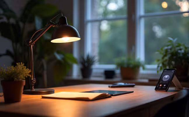 A smartly lit home office with an adjustable desk lamp providing task lighting on a work table, full-spectrum light bulbs illuminating the room, and a smartphone or tablet on the desk displaying a lighting control app. The room should exhibit a balance of natural and artificial light, creating an environment conducive to productivity