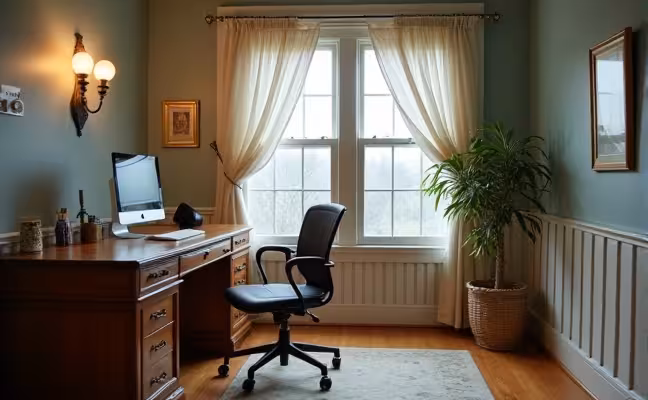 An image of a repurposed room in an old home, transitioning from a small, unused space into a modern home office, featuring a vintage desk paired with a modern ergonomic chair, a state-of-the-art computer, and smart lighting fixtures. In the background, a smart thermostat mounted on the wall is visible, seamlessly blending with the house's vintage charm