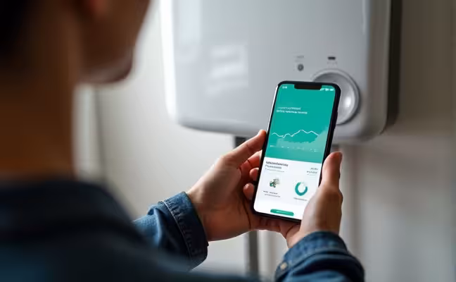 An image of a person comfortably using a smartphone app to control a tankless water heater, with a visible data graph on the phone screen showing reduced energy consumption and CO2 emissions, hinting at the eco-friendly, advanced technology, and cost-saving features of a tankless water heater